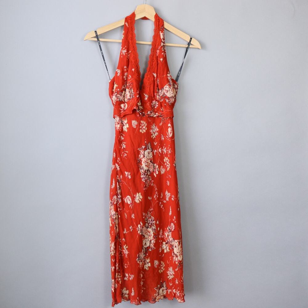 Vintage Y2k Forever 21 Dress Small Red Floral Halter Baby Doll Backless Party